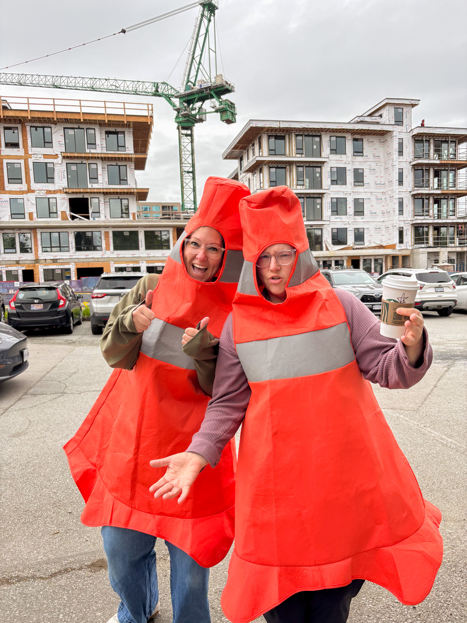 Eric Langton Elementary principal Kyla Cameron and vice principal Meghan Murden wear pylon costumes to direct traffic during construction.