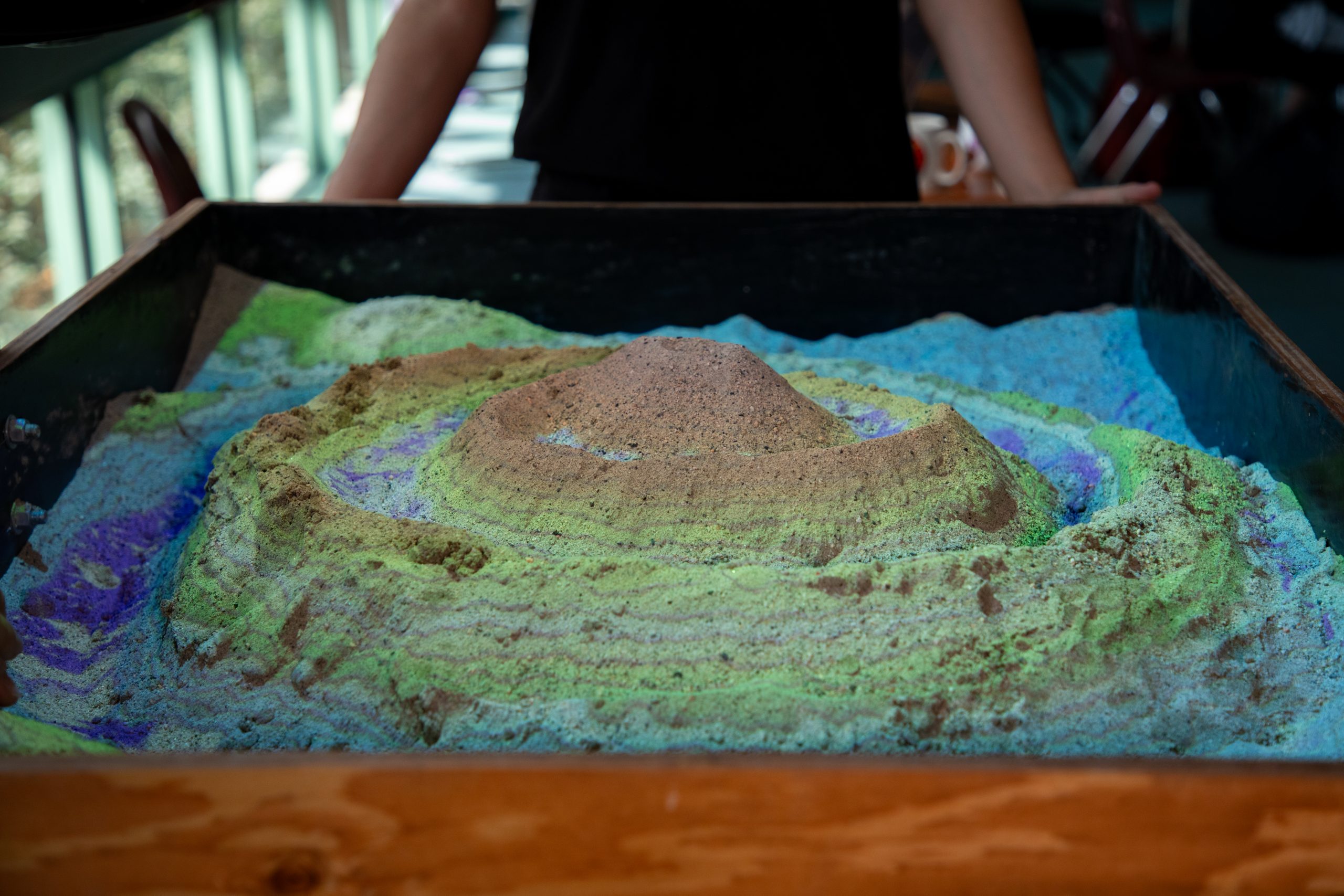 Topographical map projected over sand.